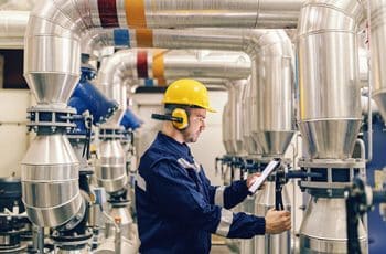 Profile of young Caucasian worker tightening the valve and using tablet while standing in heating plant.