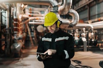 Caucasian worker in heavy industry plant with helmet and in uniform using tablet for work.